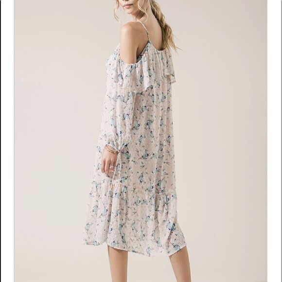 ANTHROPOLOGIE MOON RIVER Ruffle Cold Shoulder Floral Pink MIDI Dress.Size S - Picture 3 of 15